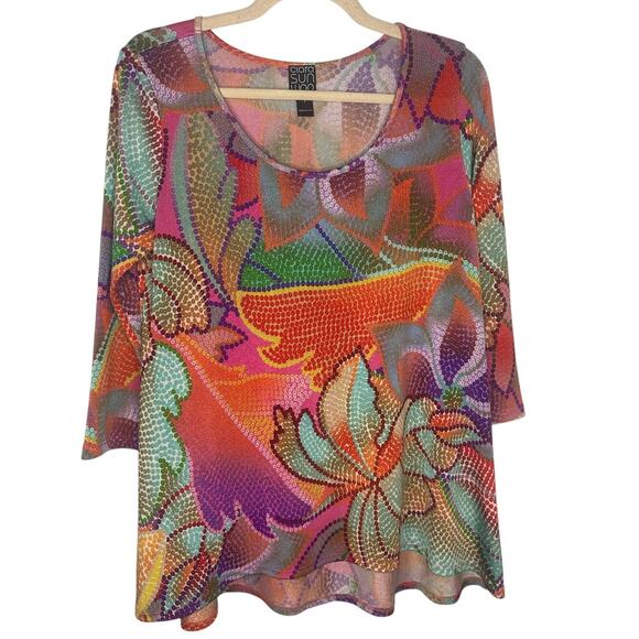 Clara Sun Woo Mosaic Floral Tunic Top Small 3/4 Sleeve Blouse Multicolor Stretch - Picture 1 of 6